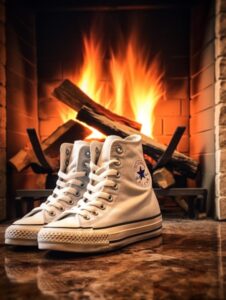 Converse sèchent au coin du feu.